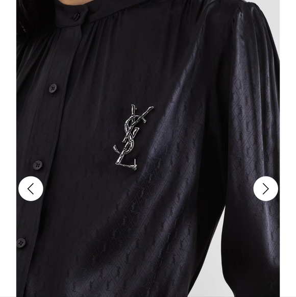 New With Box SAINT LAURENT Brooch Pin Silver & Black YSL Pin Logo & Pouch/box - Picture 7 of 11